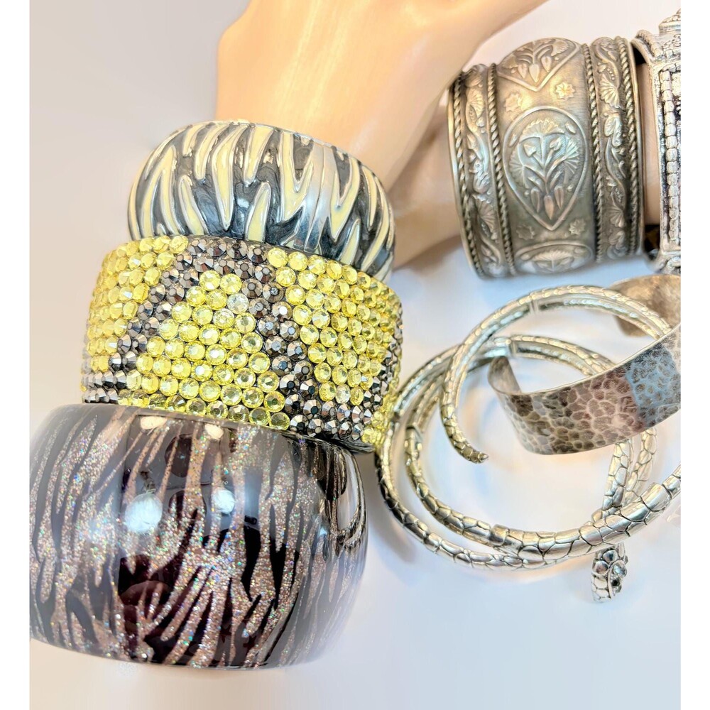 Vintage Jewelry Lot: 10, Bracelets Cuffs Bangles Earrings Gold Silver 1980s